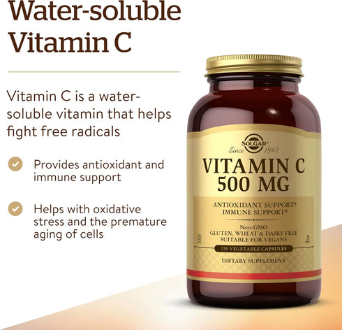 Solgar Vitamin C 500 mg | 250 Vegetable Capsules | Antioxidant & Immune Support | Non-GMO, Vegan, Gluten Free