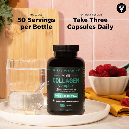 Vital Vitamins Multi Collagen for Women & Men, Type I, II, III, V, X, Grass Fed, Non-GMO, 150 Capsules