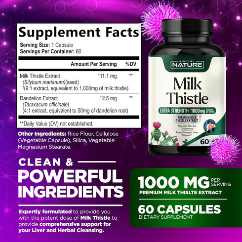 Milk Thistle 1000mg - Liver Detox Supplement with Silymarin Extract & Dandelion Root – Gentle Herbal Liver Cleanse for Men & Women - Liver Health Support - Non-GMO - 60 Veggie Capsules