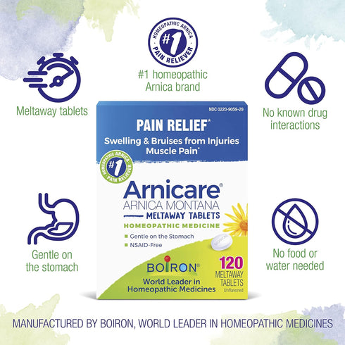 Boiron Arnicare Tablets for Pain Relief from Muscle Pain, Joint Soreness, Swelling from Injury or Bruises - 120 Count