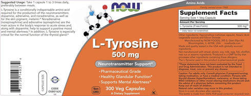 L-Tyrosine 500mg by NOW Foods, 300 Capsules (Pack of 2) - Non-GMO Free Form Supplement