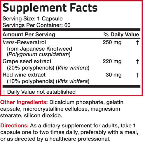Bronson Resveratrol 500 Complex, Standardized Trans-Resveratrol with Grape Seed & Red Wine Extract, 60 Capsules.