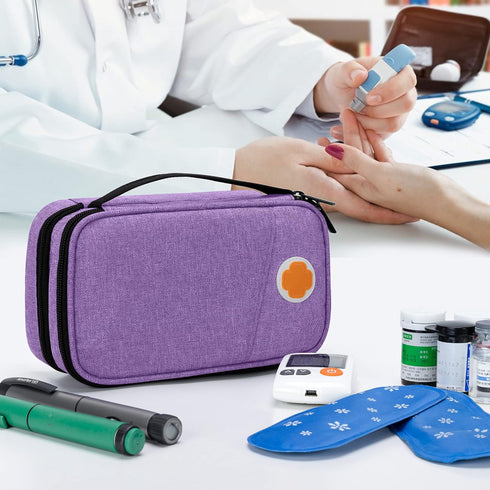 CURMIO Insulated Diabetic Supplies Travel Case, Double Layer Cooler Bag with Detachable Pouches, Purple