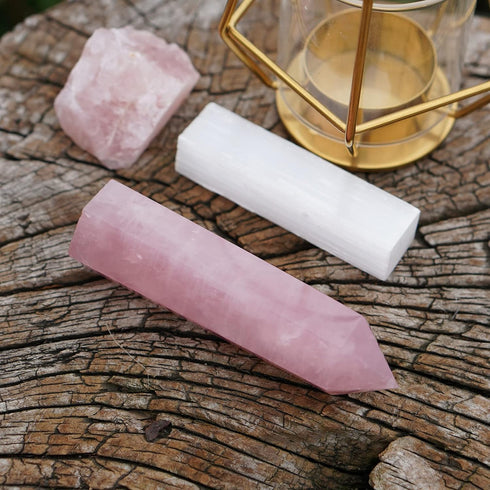 MIMOSA Healing Crystal Point - Large Rose Quartz, Raw Rose Quartz & Selenite