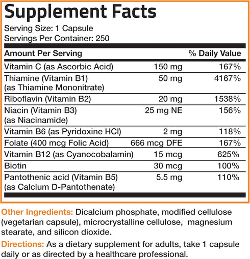 Bronson Vitamin B Complex with Vitamin C, Immune Health, Energy Support, 250 Vegetarian Capsules