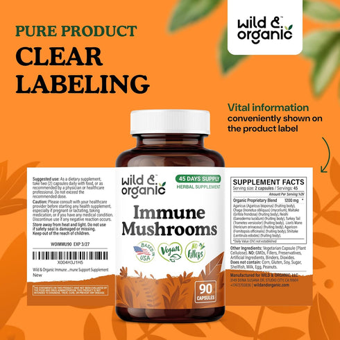 Immune 8 Immunity 45 90 Count Wild & Organic Mushroom Complex Capsules - Mushroom Blend Supplements for Support