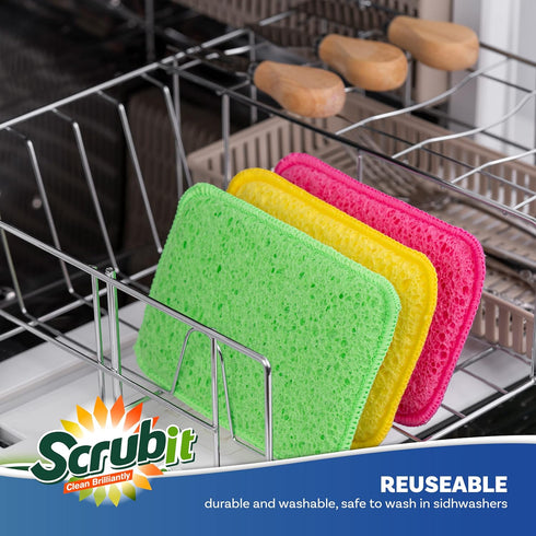 SCRUBIT 12 Pack Scrub and Wipe Cleaning Pads, Dual Sided Scouring Pad and Dish Sponge for Kitchen Utensils