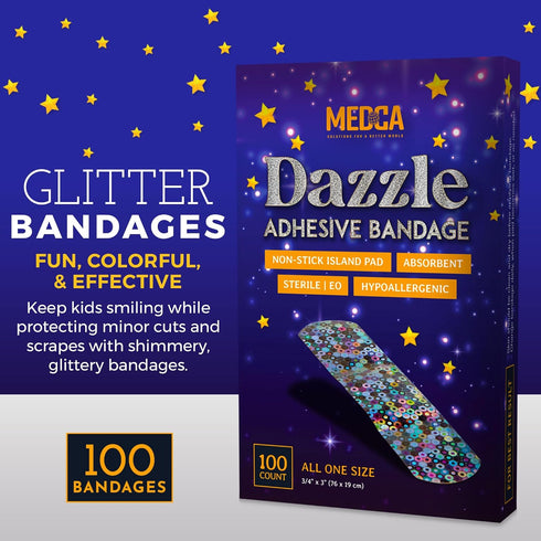 Glitter Bandages for Kids - 100 Count Box of Adhesive Strips with Colorful Glitter Design for First Aid