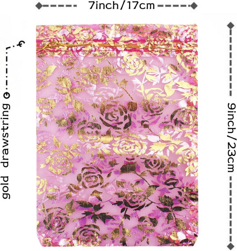 100 Pack Organza Drawstring Flower Heart Bags 7 x 9 Inch, Jewelry Gift Pouch, Wedding Favor Bags (Fuchsia Flower)