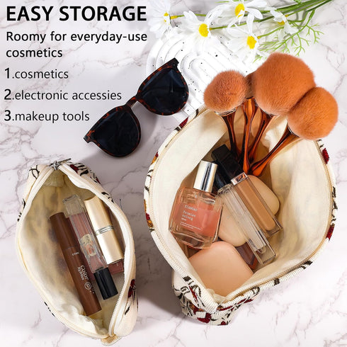 2Pcs Flower Makeup Bag Cute Floral Travel Cosmetic Bag Set for Women Girls Large Small Zipper Makeup Pouch for Purse Pencil Pouch Aesthetic Portable Toiletry Bag Organizer (Red Flower)