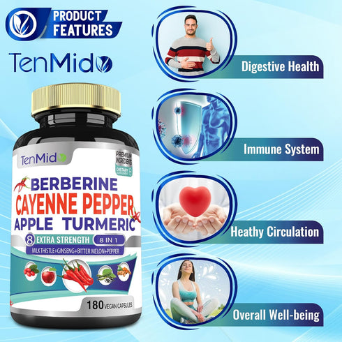 Cayenne Pepper Supplements Extract Capsules 6050mg, 180 Capsules & Berberine, Supports Heart Health and Digestive