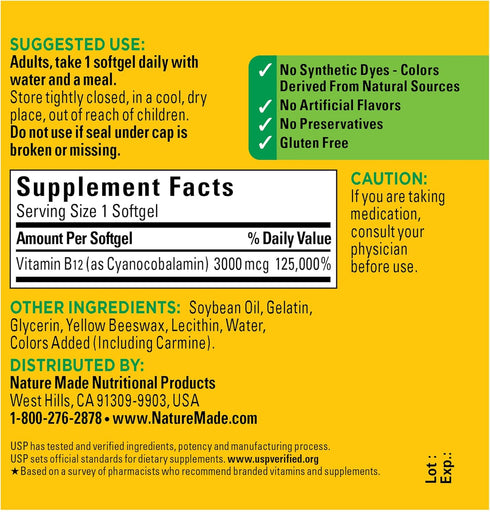 Nature Made Extra Strength Vitamin B12 3000 mcg, Dietary Supplement, 60 Softgels