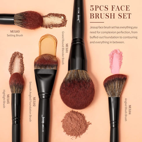 Jessup Large Face Makeup Brushes 5pcs, Premium Synthetic Foundation, Powder, Contour, Blusher, Highlighter Brush