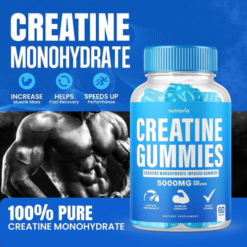 Creatine Gummies, 5g Creatine Monohydrate for Men and Women, Strength, Endurance, 60 Gummies