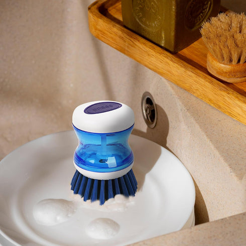 JANKOW 3 Pack Set Dish Scrubber with Soap Dispenser, Soap Dispensing Palm Brush for Kitchen Sink Pot Pan, Color Coded