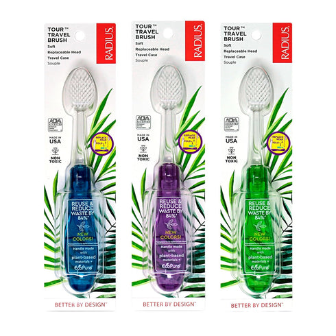 RADIUS Tour Travel Brush & Case with Replaceable Head, ADA Accepted Toothbrush for Improved Gum Health - Pack of 3