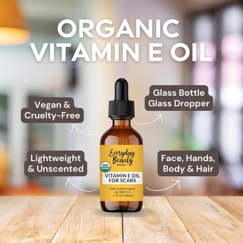 Organic Vitamin E Oil for Scars - All Natural & Vegan Skin Moisturizer 1oz - Light and Unscented for Scars, Wrinkles,