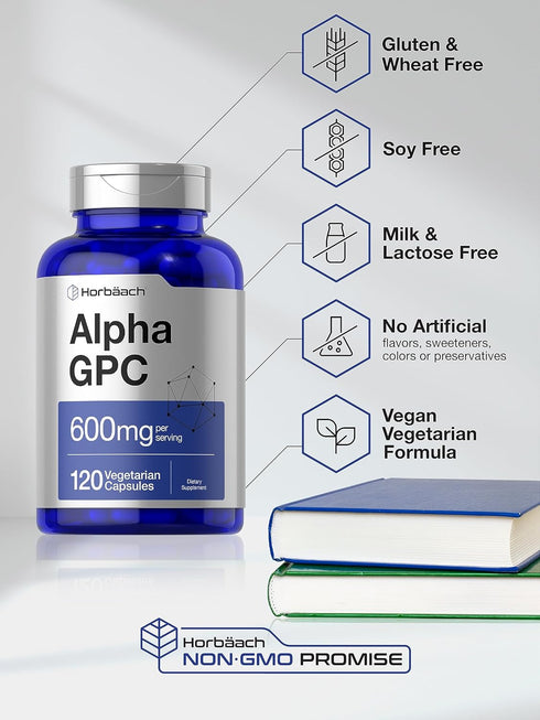 Horbaeach Alpha GPC 600mg, 120 Capsules, Vegetarian, Non-GMO & Gluten Free Choline Supplement