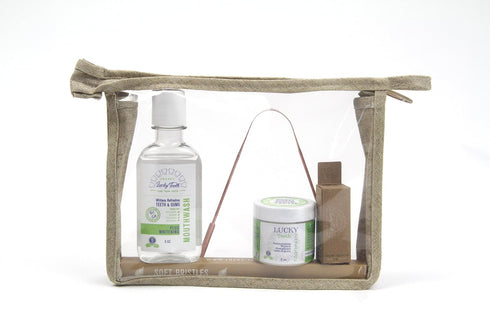 Lucky Teeth Oral Care Travel Kit Essentials in a Hemp Bag- Organic Remineralizing Toothpaste, Peroxide Mouthwash, Silk