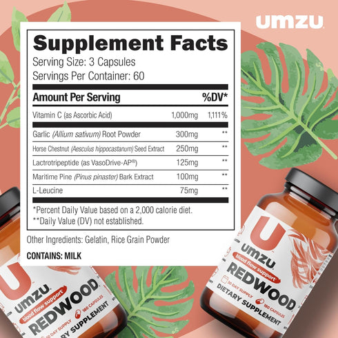 UMZU Redwood Nitric Oxide Supplement, Natural Blood Flow Support with Vitamins, Garlic & L-Leucine, 30 Day Supply (180