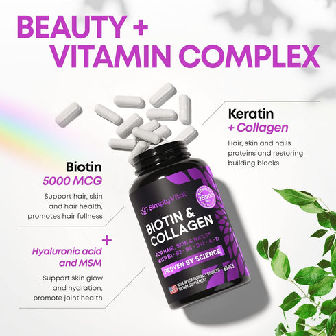 Biotin Vitamins 5000mcg for Hair, Skin & Nails with Marine Collagen Peptides & B Complex, 60 Caps