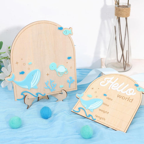 YOUAME Set Birth Announcement Wood Sign Board - Boy Under The Sea Newborn Footprint Milestone, Ocean Theme Hello World