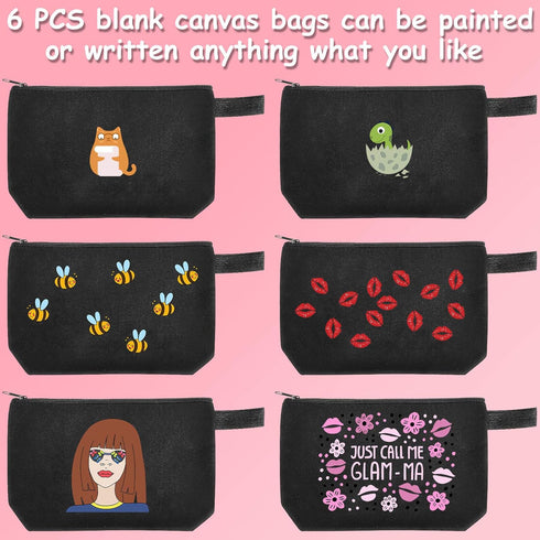 Weewooday 8 Pack Blank DIY Canvas Zipper Pouch - Bulk Makeup Bags for Back to School Gifts, Black