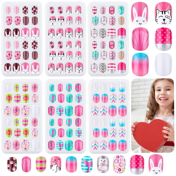 Kids Press on Nails, Thrilez 144Pcs Girls False Nails, Pre Glue Stick on Short Nails Decoration Gift for Ages 7-12