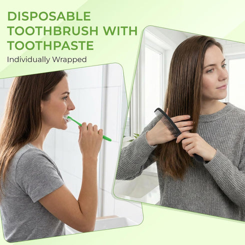 HOIQIRY Pack 100,Green Disposable Toothbrushes with Toothpaste and Comb - of Soft Bristle Individually Wrapped Single