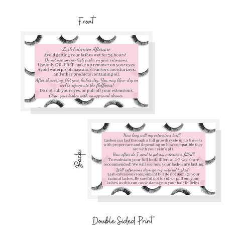 Lash Extension Aftercare Cards, 50 Pack, Eyelash Extension Supplies, Pink Design, Size 3.5 x 2" inches