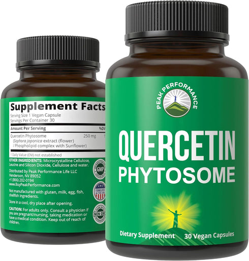Peak Performance Ultra Pure Quercetin Phytosome Vegan Capsules, 250mg Supplement with Sophora Japonica Extract, Made in