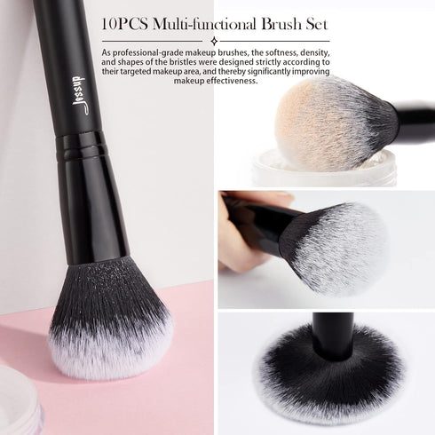 Jessup 10pcs Makeup Brush Set, Professional Black Brushes with Natural Synthetic Hair for Foundation, Blending, Blush,