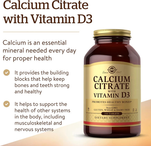 Solgar Calcium Citrate with Vitamin D3, 240 Tablets - Supports Musculoskeletal & Nervous Systems, Non-GMO, Gluten Free