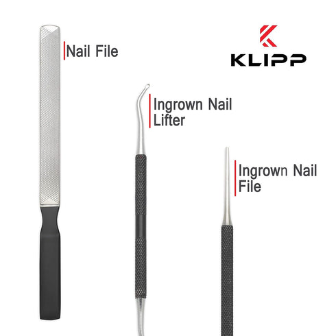 KLIPP Ingrown Toenail Tool Kit for Men and Women – Ingrowing Toe Nail Lifter, Rounded File, Metal Fingernail File for