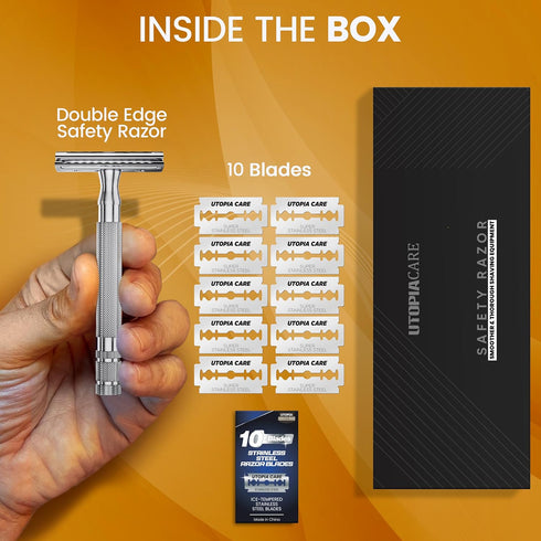 Utopia Care Double Edge Safety Razor for Men & Women with 10 Premium Stainless Steel Blades