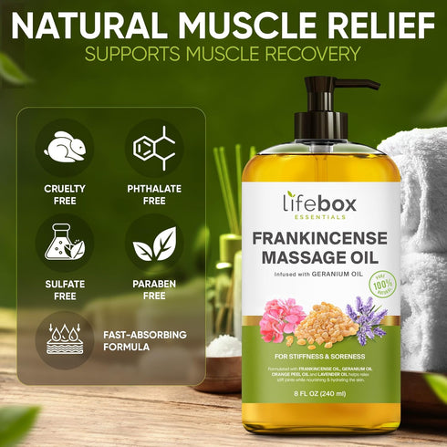Frankincense Massage Oil - 100% Pure & Natural - 8 FL OZ for Soreness, Stiffness, Stretch Marks, Scars