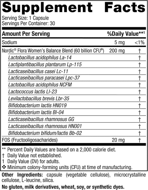 Nordic Naturals Nordic Flora Probiotic Women's Balance, 30 Capsules, 12 Probiotic Strains for Vaginal Health