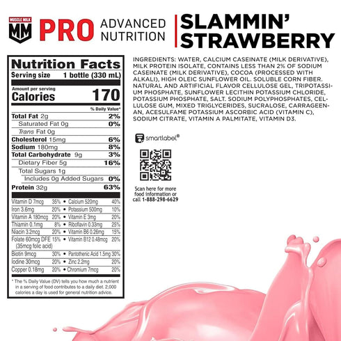 Slammin' 11.16 Oz (Pack 12), 32g 1g 16 5g Muscle Milk Pro Advanced Nutrition Protein Shake, Strawberry, Fl of Protein