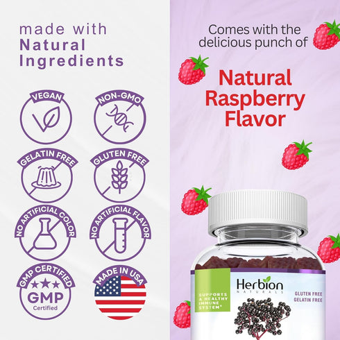 Herbion Naturals Elderberry Gummies with Vitamin C & Zinc, 60 Count for Immune Support