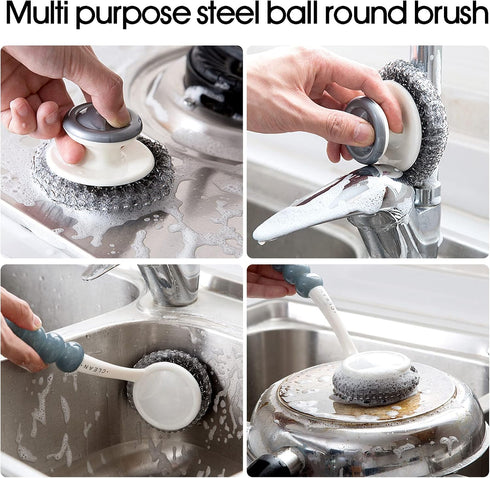 3 Pack Stainless Steel Scrubber with Handle, Steel Wool for Cleaning Dishes, Metal Sponges for Pots, Sink, Pans, Grills