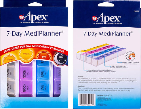 Apex 7-Day Mediplanner Pill Organizer, Weekly, 4 Times A Day, Color-Coded, Easy-Open, See-Through Lids