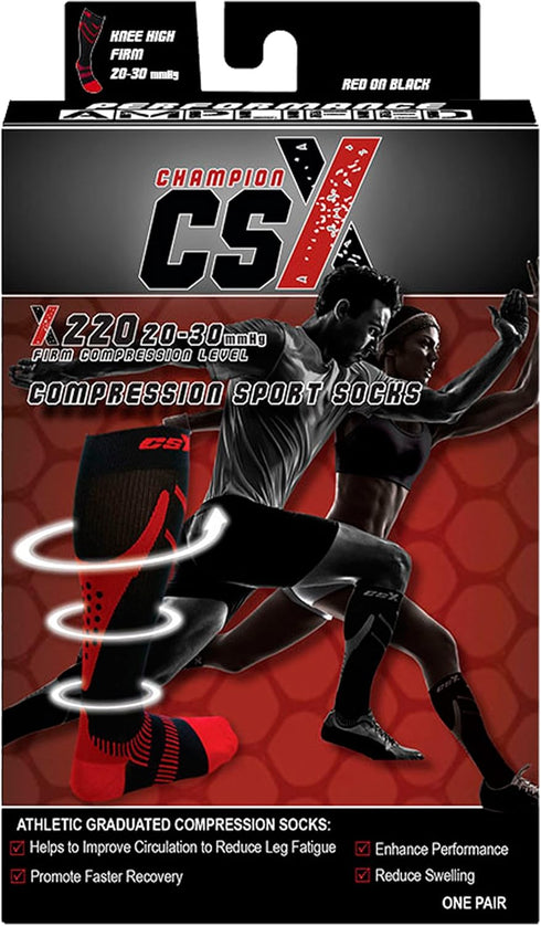 CSX 20-30 mmHg Compression Socks for Men and Women, Knee High, Recovery Support, X-Large, Red on Black