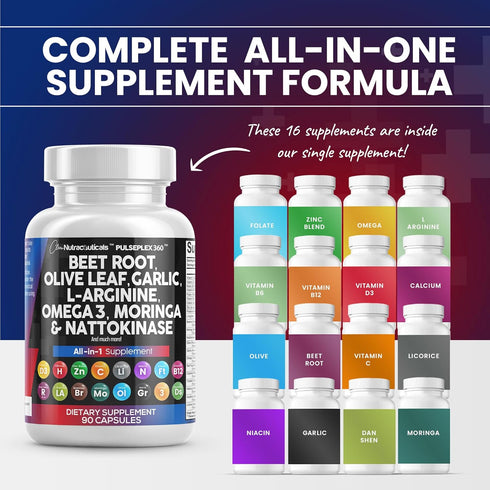Beet Root Capsules 6000mg Olive Leaf 6000mg Nattokinase 4000 FU Garlic Extract 2000mg L-Arginine 400mg Omega 3 Red Yeast Rice Hibiscus Danshen - Healthy Support Supplement - 90 Ct