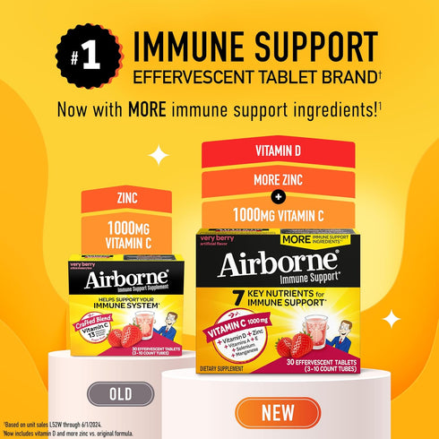 Airborne 1000mg Vitamin C with Vitamin D & Zinc, Sugar Free Immune Support Supplement, 30 Effervescent Tablets