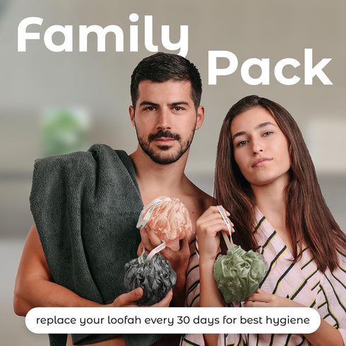 MainBasics Bath Shower Loofah Sponge Pouf, Body Scrubber Exfoliator, Set of 3, Earthy Love