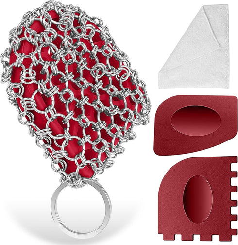 Herda 4 Pieces Cast Iron Scrubber Tool Kit, Chain Mail Scrubber, Steel Skillet Brush, Plastic Pan Scraper Set