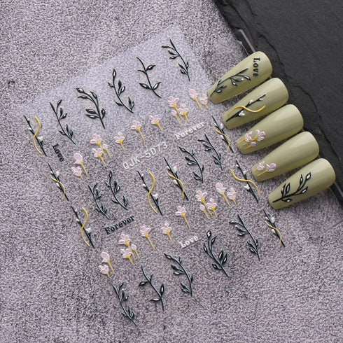 JMEOWIO 6 Sheets 3D Embossed Spring Flower Nail Art Stickers, Self-Adhesive Decals for Summer Nail Design