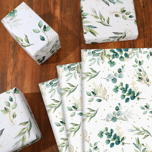 Whaline 60 Sheets Greenery Tissue Paper, Green Gold Eucalyptus Leaves for Gift Wrapping and DIY Crafts