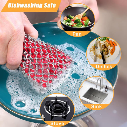 Cast Iron Scrubber, Skillet Chainmail Scrubber for Cast Iron Pan - Chain Mail Scrubber Cast Iron Sponge - Metal Scrubber Cast Iron Skillet Cleaner, Wok, frying pans, Dutch Oven Cleaning Scrubber
