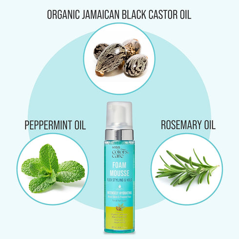 KISS COLORS & CARE Foaming Mousse - Define Curls & Hold Styles, Jamaican Black Castor Oil & Biotin